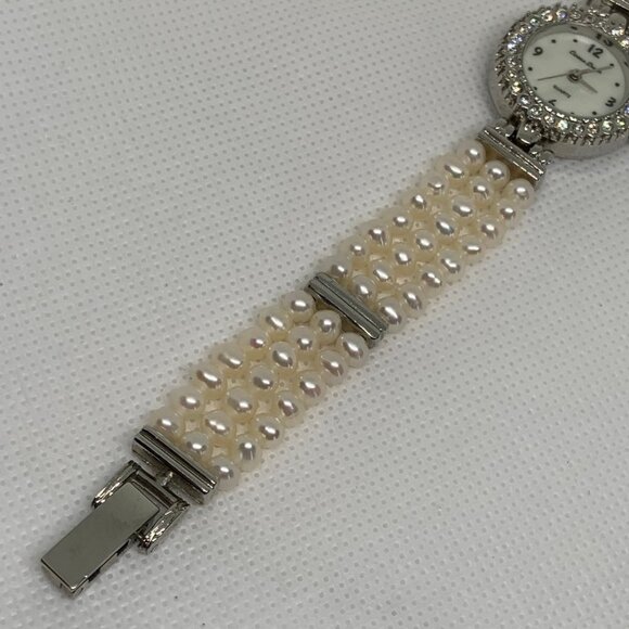 Ocean Dream Pearl Watch women silver tone rhinestones 23mm round 7” running main image 6
